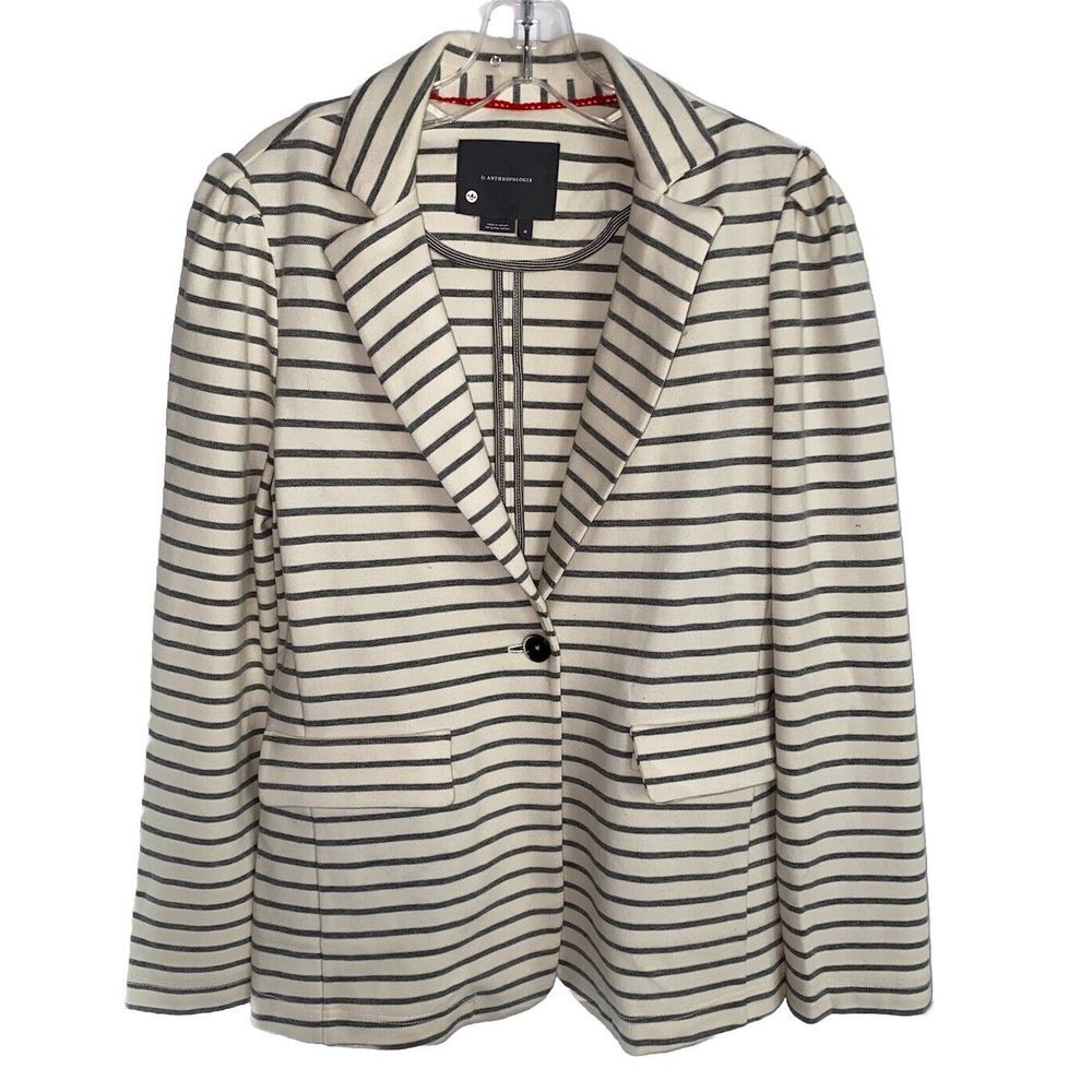 Anthropologie Blazer‎ Jacket Women's Medium Cream Gray Stripe